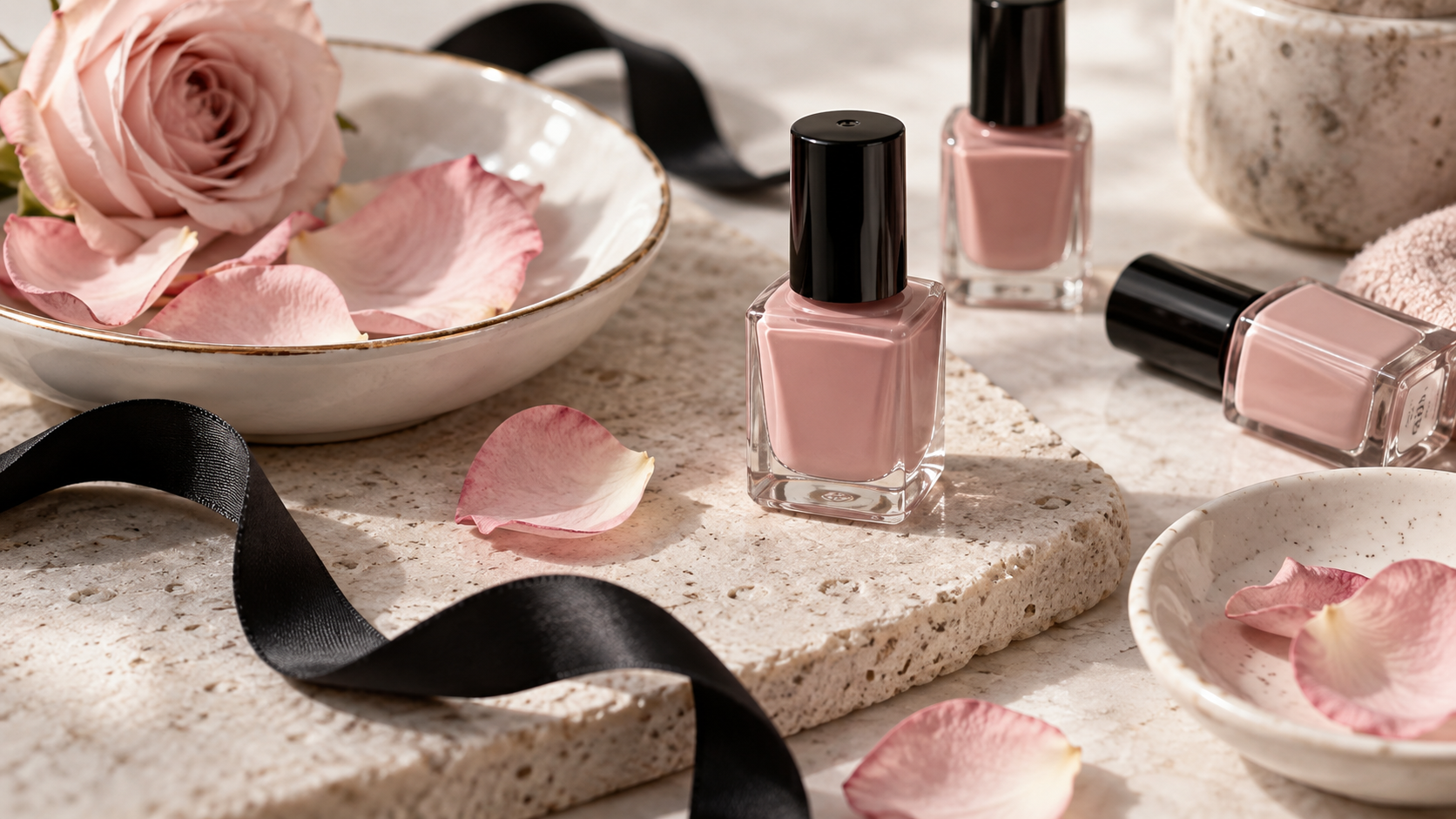 Illustrative still life of blush-pink nail polish bottles and rose petals on pale stone