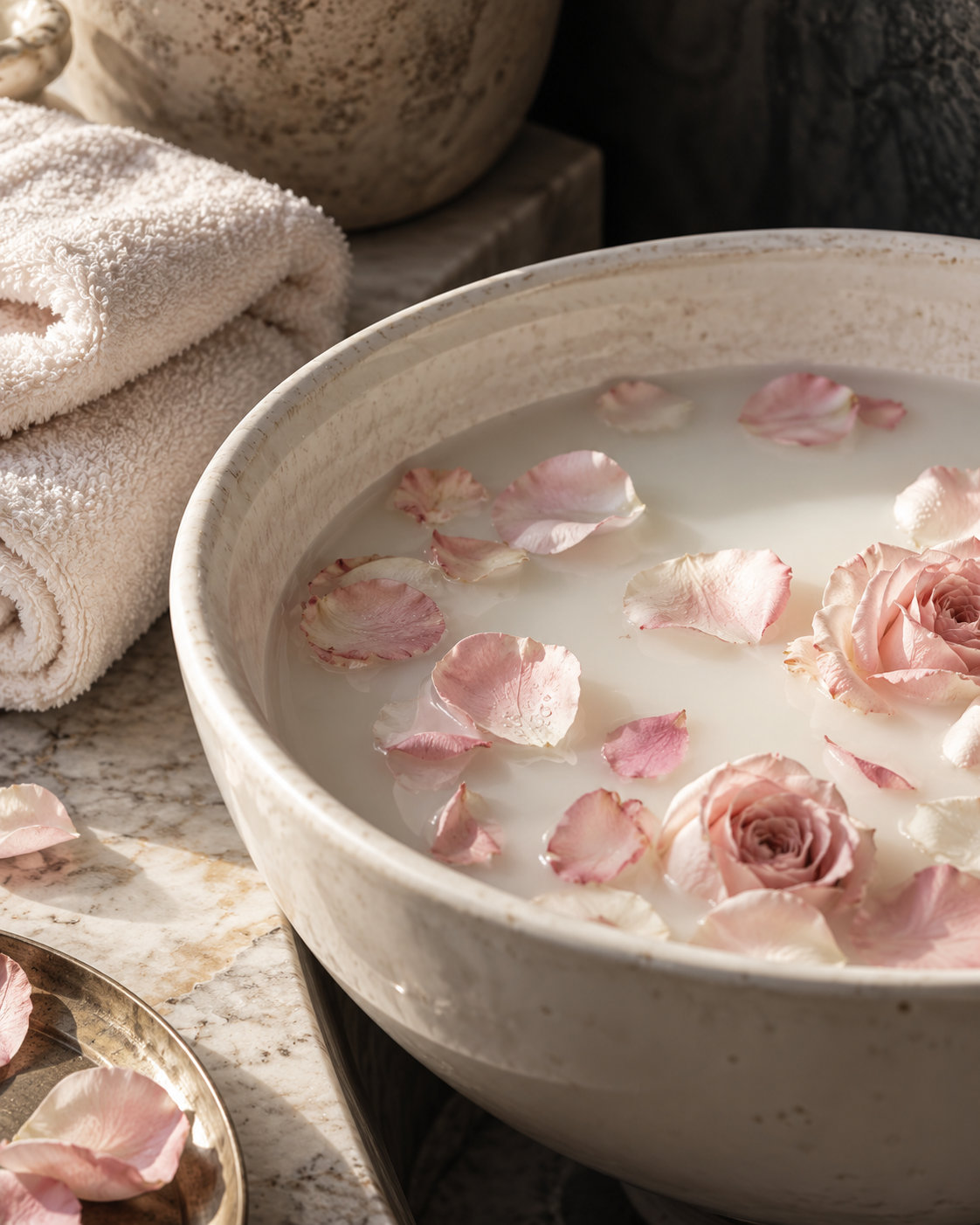 Illustrative close-up of a porcelain foot-soak bowl with rose petals and a folded towel
